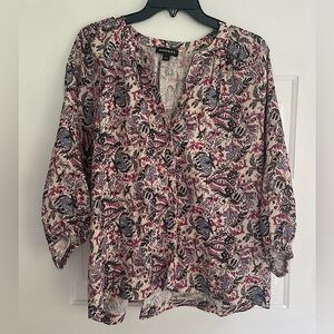 Repeat 100% Linen Floral Button Front V-neck Blouse Size 42 Large Cottagecore